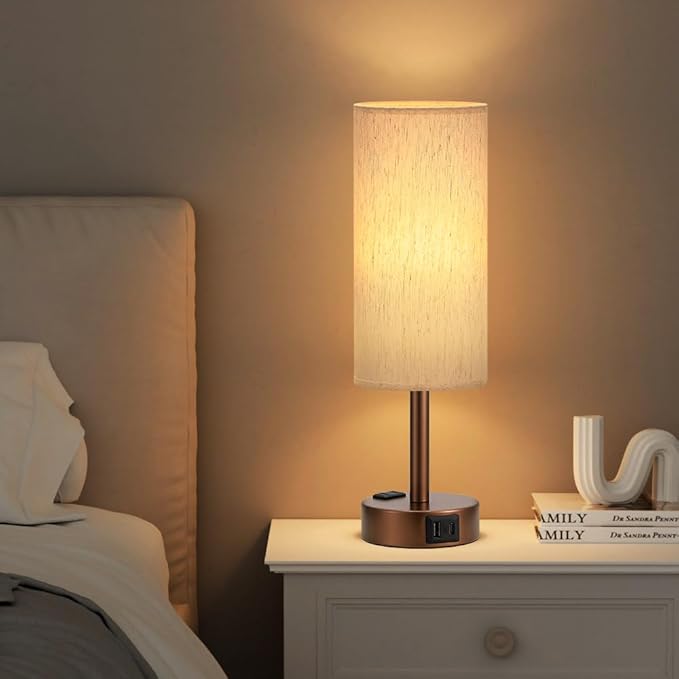 Brown Bedside Table Lamp for Bedroom - 3 Way Dimmable Touch Lamp USB C Charging Ports and AC Outlet, Small Lamp Round Flaxen Cream Fabric Shade for Living Room, Desk, LED Bulb Included - Bloomnest