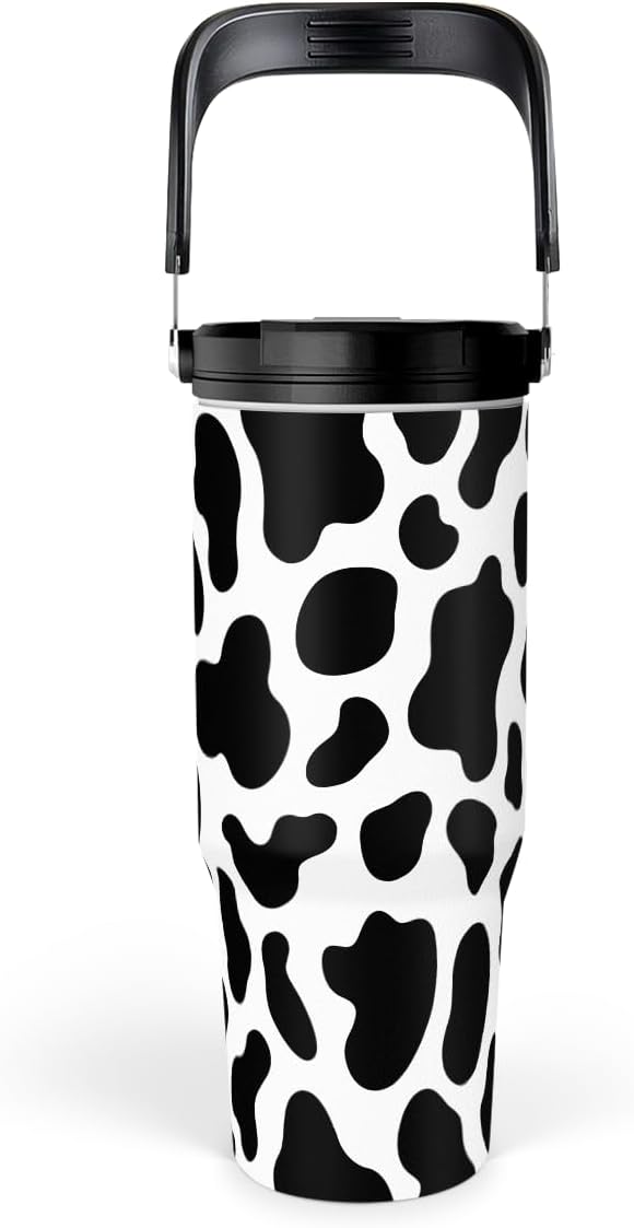 SANDJEST Cow Print Tumbler with Handle, 30oz Flip Straw Stainless Steel Tumblers Coffee Travel Cup, Cowgirl Tumbler Gifts for Women Girls for Birthday Christmas Mothers Day - Bloomnest