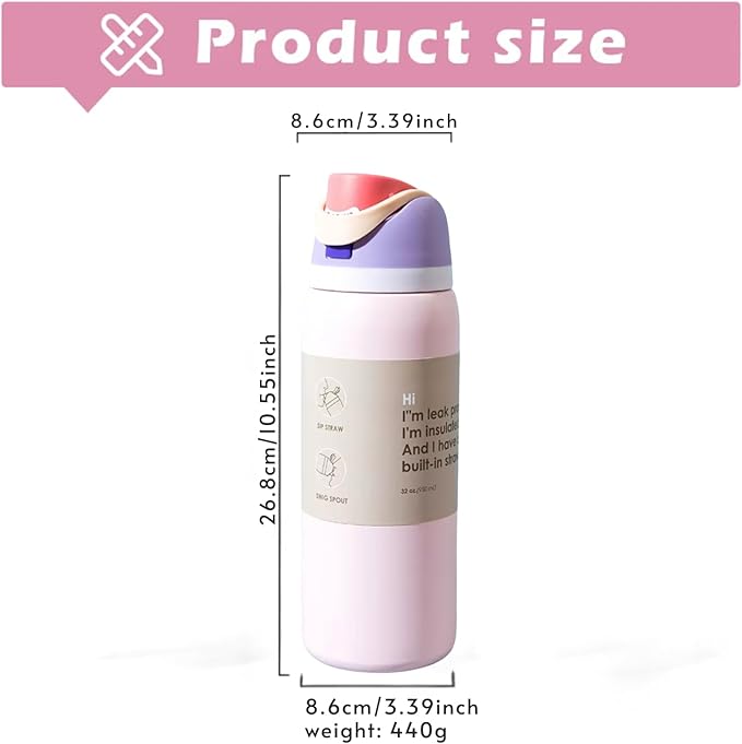DUTHINGS Insulated Stainless Steel Water Bottle with Straw, 32 oz, Reusable Sports and Travel Bottle for School, Kids, and Outdoors - Leakproof and BPA-Free (LIGTH PINK) Bloomnest