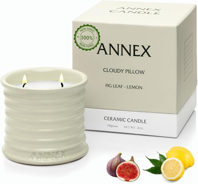 Scented Luxury Citronella Candles outdoor, Mosquito Bug Repellent | Handmade Ceramic Jars, Soy Wax | Cloudy Pillow - Fig Leaf & Lemon, Large Natural Candle | Non Toxic, 2 Wicks, Reusable Big Beige Jar - Bloomnest