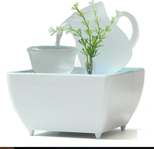 Tabletop Fountain, Indoor Desktop Waterfall, White Ceramic Decoration, Relaxing Soothing Water Flow, with 4 Color LED Lights, Suitable for Office Bedroom Decor,Quiet Dound of Water - Bloomnest