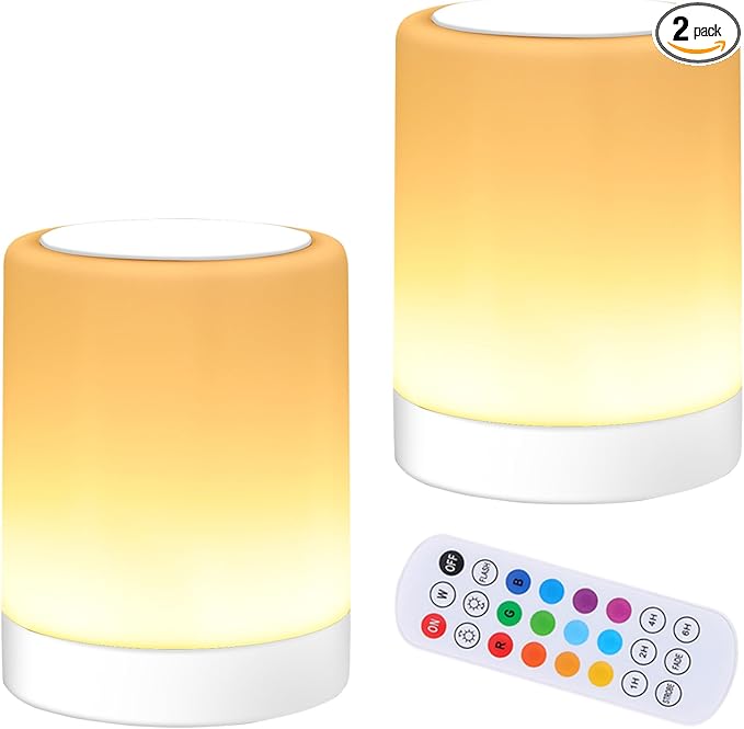 OORUN Touch Bedside Table Lamp,13 RGB Colors & 5 Brightness, USB Rechargeable Desk Lamp, Remote Control Dimmable Night Light with RGB Color Changing,Portable Lamp for Baby (2 Pack White) - Bloomnest