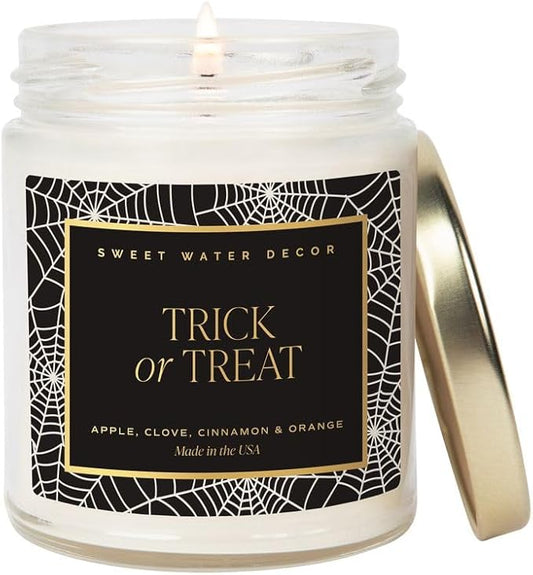 Sweet Water Decor Trick or Treat Candle, Autumn Scented Notes of Pumpkin, Spices, & Caramel, 40+ Hour Burn Time, Non-Toxic Soy Wax Blend, Poured in The USA, Cotton Wick, 9oz Glass Jar with Gold Lid - Bloomnest