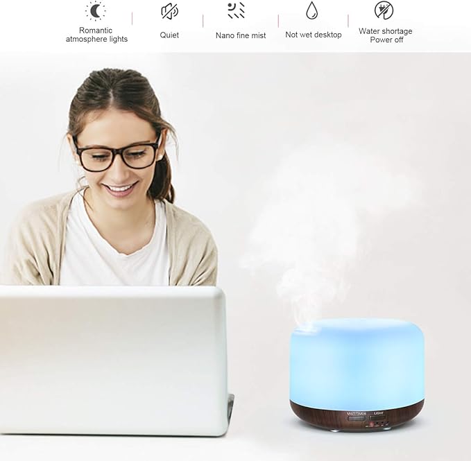 300ML Essential Oil Diffuser with Remote Control,Ultrasonic Aromatherapy Air Diffuser Humidifier,Aroma Diffuser with 7 LED Color Changing Light for Large Room,Home (Dark Wood Grain) - Bloomnest