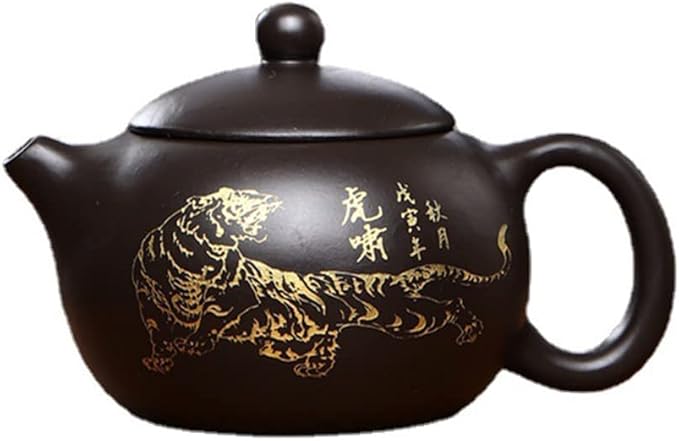 Xishi Teapot 7oz Chinese Yixing Zisha Clay Pot Ceramics Purple Sand Mud Kungfu Tea Set Kettle Spherical Filter (Black with golden tiger) - Bloomnest