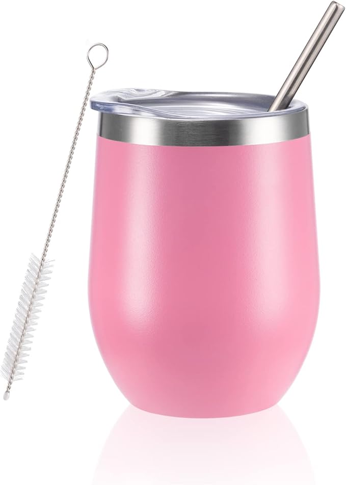 12 oz Insulated Wine Tumbler with Lid and Straw,Stainless Steel Stemless Wine Tumbler Glasses Double Wall Vacuum Wine Cups Tumbler Bulk for Coffee,Champaign,Cocktail,Office（Pink,1） - Bloomnest