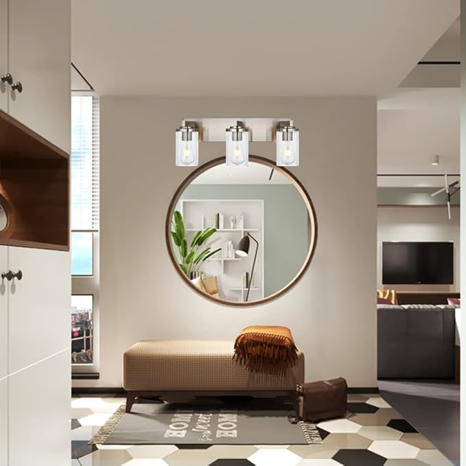 BONLICHT Brushed Nickel Vanity Light 3 Lights Modern Bathroom Light Fixtures Over Mirror with Seeded Glass, Industrial Metal Indoor sconces Wall Lighting for Powder Room Hallway Kitchen Sink Cabinet - Bloomnest