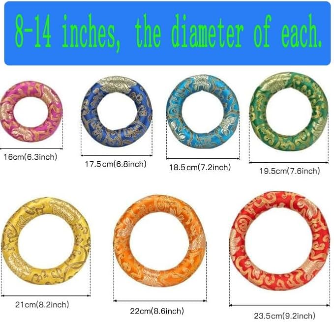 Singing Bowl Cushion Silk Brocade Ring Cushion Pillow 7 Set，Used for Crystal/Tibetan Singing Bowls ，Singing Bowls Cushion,O-Ring Set，Buddhist Sound Bowl Pad (Color : Black, Size : 6-12) - Bloomnest