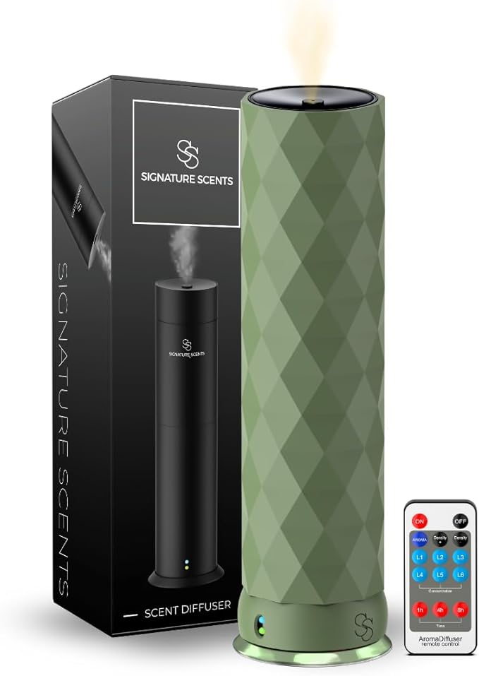 Waterless Essential Oil Hotel Scent Diffuser - Cold Air Diffuser - Covers 1000 sq. ft. - Waterless Diffuser for Home, Office & Hotel (Black + Interchangeable Sleeve) (Black + Matte Green Sleeve) - Bloomnest