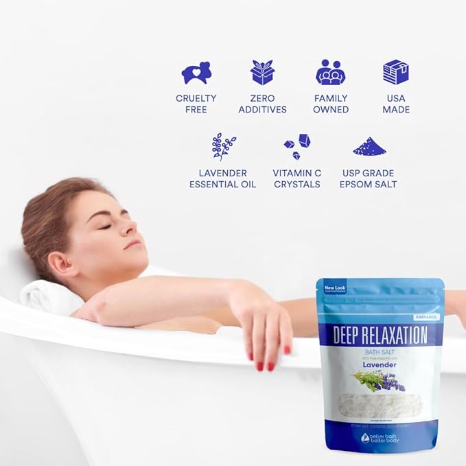 Deep Relaxation Bath Salt 32 Ounces Epsom Salt with Natural Lavender Essential Oil Plus Vitamin C in BPA Free Pouch with Easy Press-Lock Seal - Bloomnest