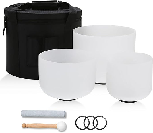 432HZ 7-11 Inch 3 Pcs White Frosted Crystal Singing Bowl Set for Meditation Healing Yoga Chakra Quartz Crystal Sound Bowls with Heavy Duty Carry Cases and Rubber Mallet,Suede Striker,O-rings - Bloomnest