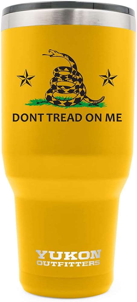 Yukon Outfitters Freedom High Grade 18/8 Stainless Steel Double Wall Vacuum Insulated Tumbler (40oz / 1183ml) - 8.8" H x 4.2" Top Dia. / 3" Bottom Dia., Gold with 'Don't Tread on Me' printed logo - Bloomnest