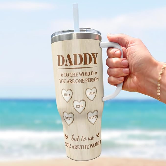 Personalized Dad Tumbler with Handle – Custom Name Mug with Heart Design – You Mean the World to Us Quote – Father's Day, Birthday Gift from Kids - Bloomnest