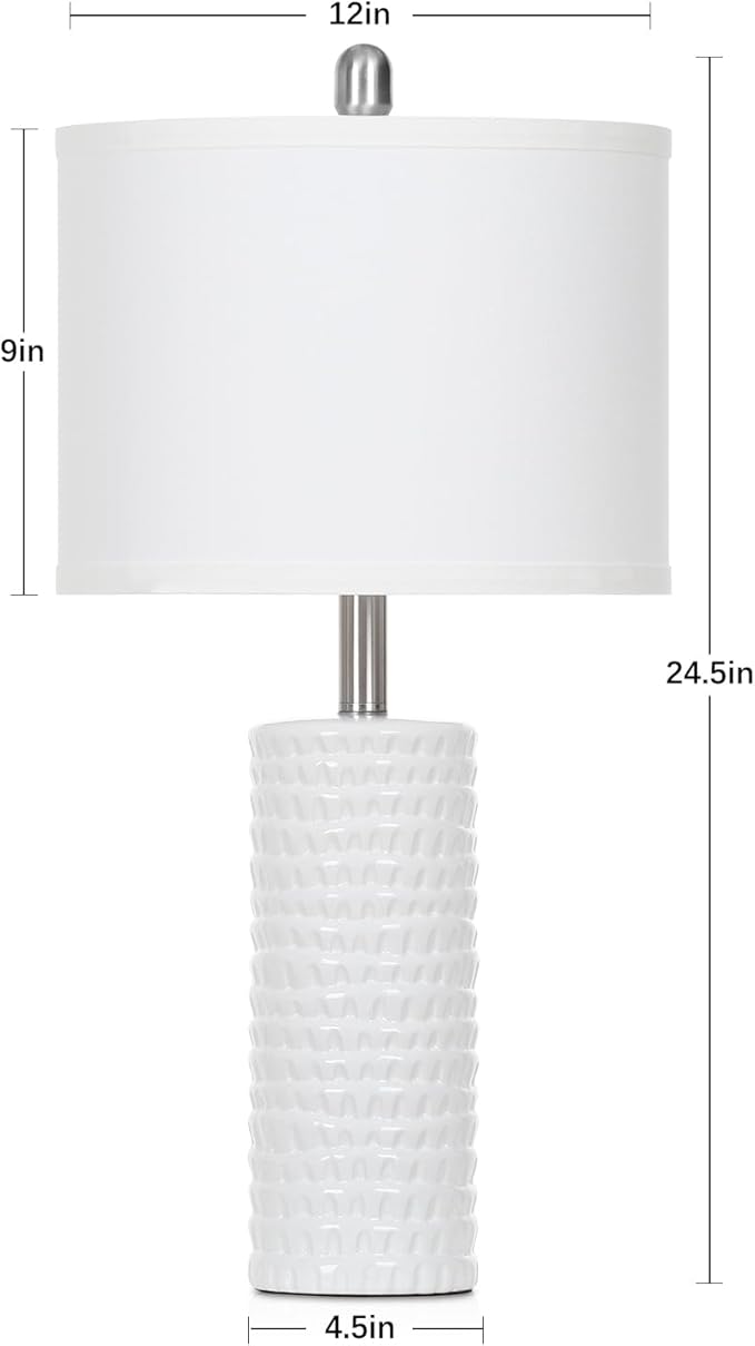 24.5" Modern Ceramic Table Lamps for Living Room ，Farmhouse Nightstand Lamps Set of 2 with White Linen Shade Office Reading Lamp ，Bedroom Lamps for Bedside End Table, Bedroom, Living Room, White - Bloomnest