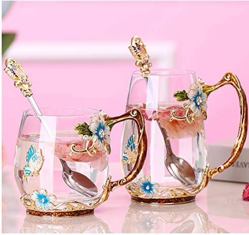 Luka Tech Enamel Butterfly flower Glass Mug with Spoon, Gifts For Women Wife Mom Friends Birthday Mothers Valentines Day Christmas (Blue-Tal) - Bloomnest
