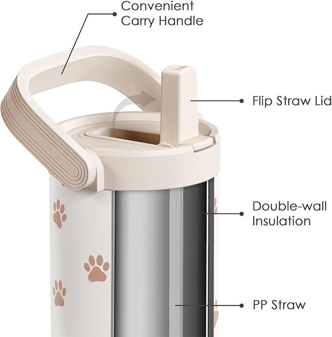 SANDJEST Paw Prints Stainless Steel Straw Lid Tumbler 30oz with Carry Handle for Women Girls Pet Lover Dog Mom Cat Mom, Insulated Travel Coffee Cup, Gift for Sports Workout Christmas Birthday - Bloomnest