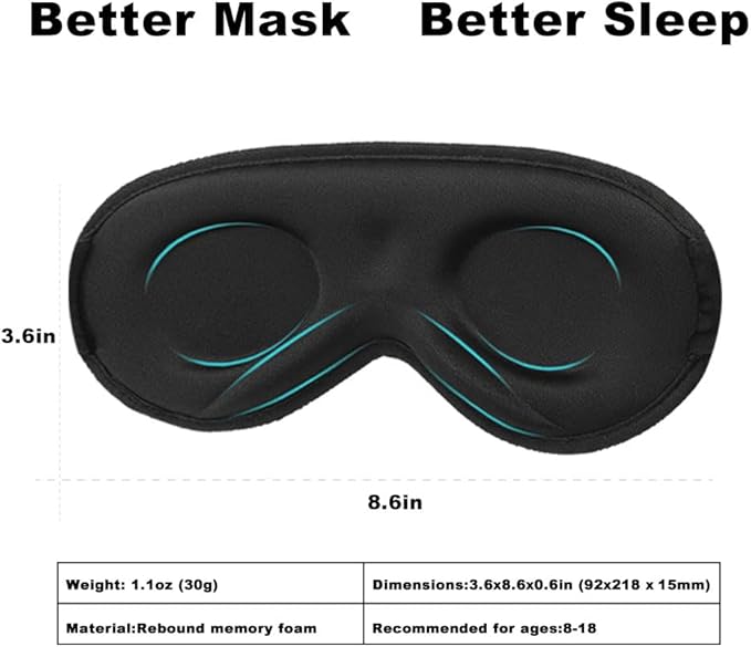 3D Sleep Mask for Kids & Teens (8-18 Years), Zero Pressure & Blackout Eye Cover - Soft Breathable, Adjustable for Travel, Night Use & Deep Sleep - Bloomnest