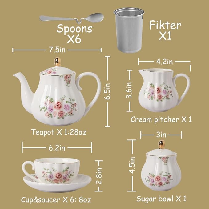 Porcelain Tea Sets British Royal Series, 8 OZ Cups & Saucer Service for 6, with Teapot Sugar Bowl Cream Pitcher Teaspoons and Tea Strainer, Suitable for High Tea, Wedding, Party（Morning glory） - Bloomnest