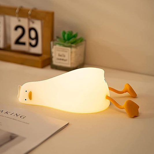 HAPPYBAG LED Lying Flat Duck Night Light, 3 Level Dimmable Nursery Nightlight,Cute Lamps Silicone Squishy Light Up Duck,Rechargeable Bedside Touch Lamp for Breastfeeding Toddler Baby Kids Decor - Bloomnest
