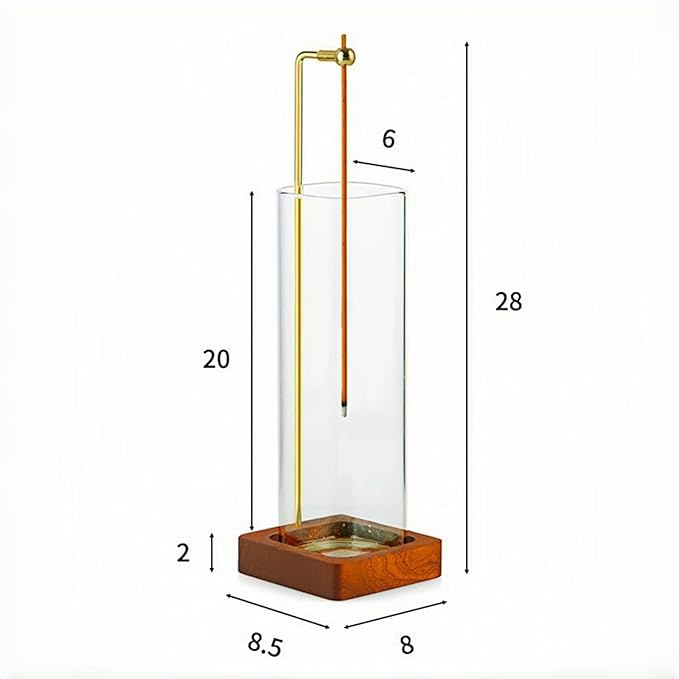 Incense Holder for Sticks with Ash Catcher - Wind Proof Hanging Design, 6x20cm Glass Tube & Spill-Proof Wood Base for 0-2.5mm Sticks, Meditation Yoga Decor (8.5x8.5cm Base) - Bloomnest