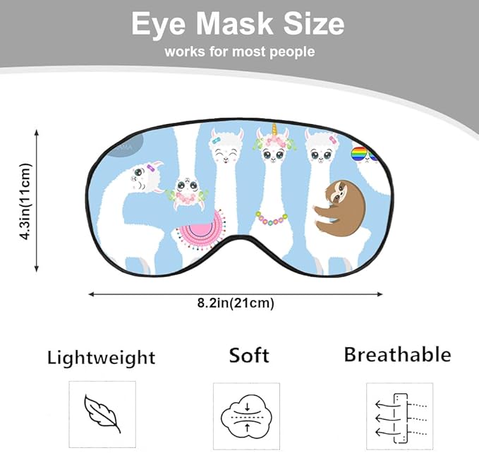 White Llamas Sleep Mask Eye Mask Alpaca Sloth Rainbow Glasses Llamas Cute Flowers Blue Sleep Mask Light Blocking Adjustable Smooth Soft Eye Masks for Women Deep Rest Travel - Bloomnest