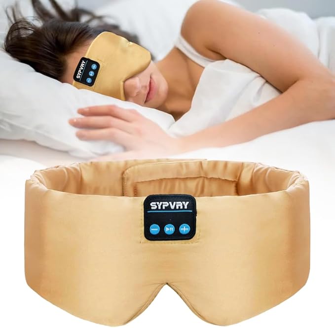 Sleep Mask Bluetooth 5.4 Headphones Soft Wireless Headband Eye Mask Blackout with Microphone (Gold) - Bloomnest