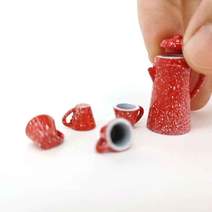 LOGOFUN 5pcs Dollhouse Miniature Tea Cup Set Tiny Tea Party Set Simulation Teapot Set (Red)