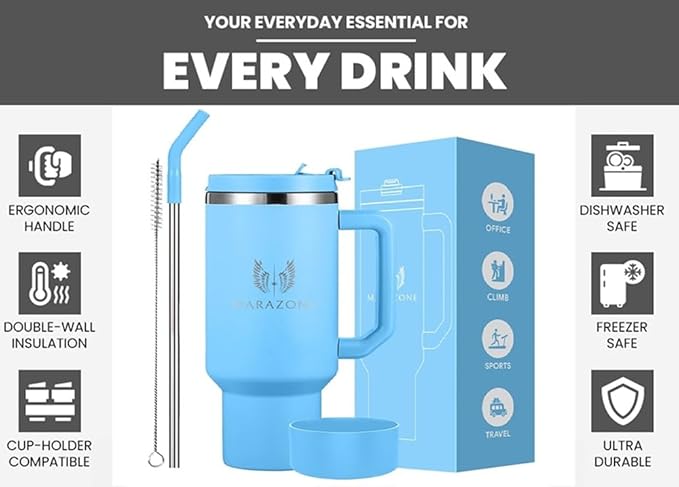 40 oz Insulated Tumbler with Handle and Straw – Stainless Steel Double Wall Vacuum Cup Fits Car Cup Holder, Hot Cold Travel Mug, BPA Free Reusable Water Bottle Gift for Women Men - Sky Blue - Bloomnest