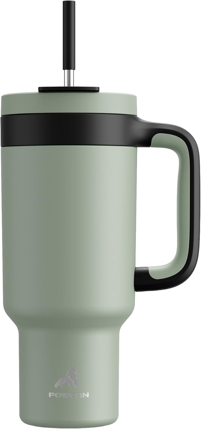 POWCAN 40 oz Tumbler with Handle, 2-in-1 Straw and Sip Lid, Leakproof, Dishwasher Safe, Insulated Stainless Steel Travel Coffee Mug, Keeps Cold for 34 Hours, Fits in Car Cup Holder (Agave) - Bloomnest