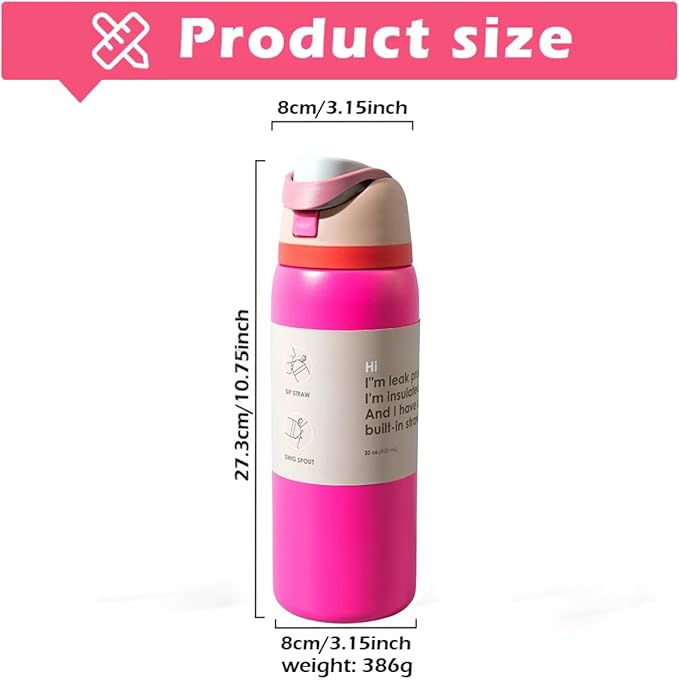 DUTHINGS Insulated Stainless Steel Water Bottle with Straw, 32 oz, Reusable Sports and Travel Bottle for School, Kids, and Outdoors - Leakproof and BPA-Free (FUCHSIA/32) Bloomnest