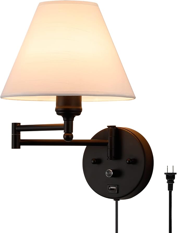 Swing Arm Wall Sconces, Plug-in Wall lamp,Bedroom Wall lamp ， White Fabric Shade，，with dimmable Switch and USB Charging Port, Suitable for Bedside, Living Room, Reading (Black) - Bloomnest
