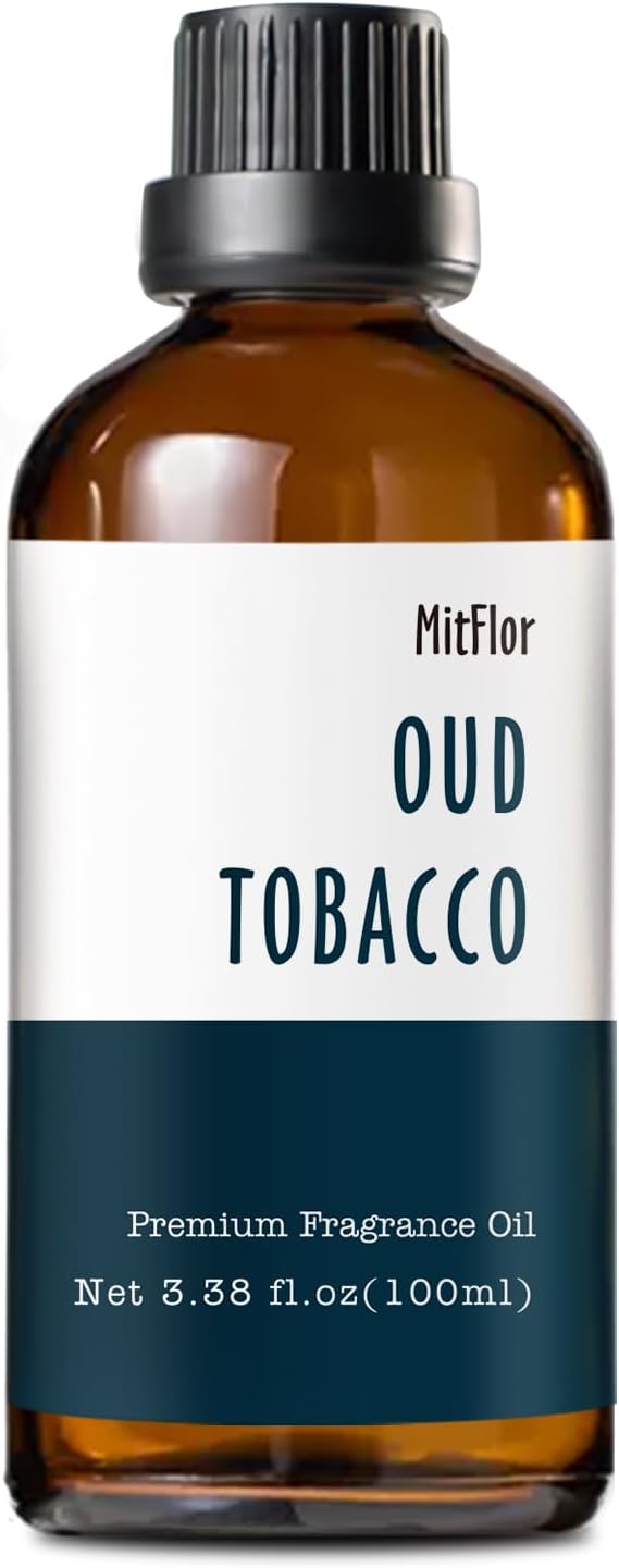 Oud Tobacco Fragrance Oil, MitFlor Single Scented Oil, Large Size Premium Grade Fragrance Oil for Soap & Candle Making, Aromatherapy Oil, Men & Woody Scent for Home Fragrance - 3.38 OZ/100ML MitFlor