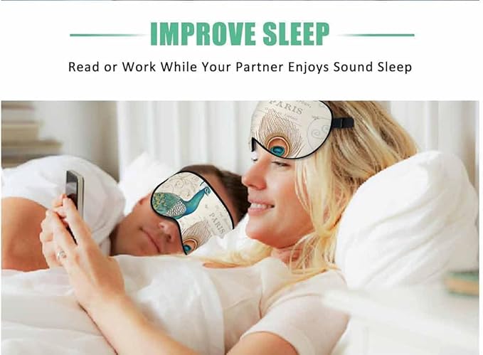 Peacock Flowers Sleep Eye Mask Vintage Feather Letter Green Brown Men Women Sleep Mask with Adjustable Strap Eye Cover Eye Shade for Travel, Nap,Meditation - Bloomnest