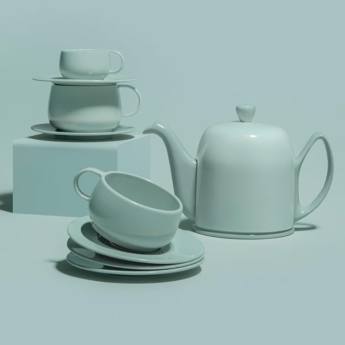Degrenne Salam Luxury French Tea Pot - Porcelain Teapot with Stainless Steel Cover, Ceramic Tea Kettle for Loose Tea, Removable Infuser, 6 Cup Capacity, 36oz - Monochrome Blue - Bloomnest