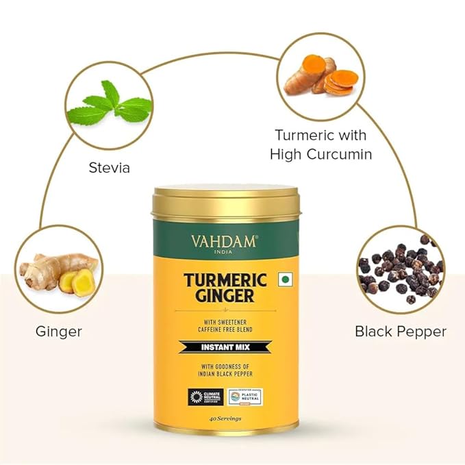 VAHDAM, Golden Milk Powder/Turmeric Ginger Latte Mix (100g, 40 Cups) Caffeine-Free | Powerful Curcumin, Turmeric Powder & Ginger | Brew Hot/Iced Tea - Bloomnest