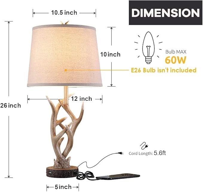 Dungoo Rustic Western Lamp Set of 2 - 26" Farmhouse Table Lamp with 2 USB Ports, Natural Antler Design for Bedroom, Living Room, Office (Rustic Brown) - Bloomnest
