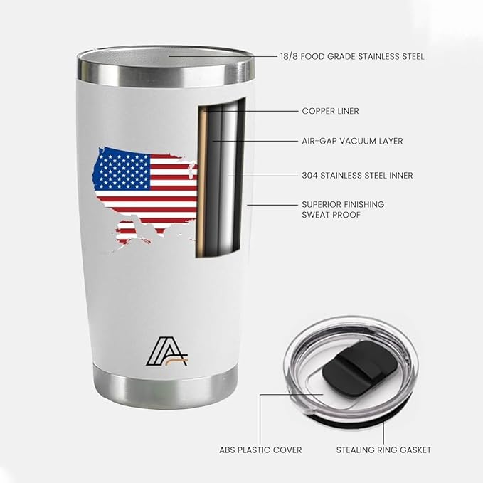 Tumbler 20oz Stainless Steel, Vacuum Insulated w/MagSlider Lid, USA Flag Theme on White, Double Wall, Keeps Drinks Cold & Hot, Patriotic Gift - Bloomnest