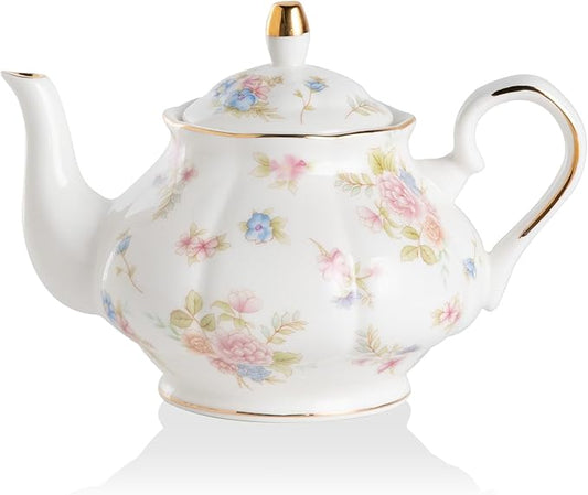 Sweejar Ceramic Teapot with Infuser, Floral Relief Gold Rimmed Teapot, 29 OZ Porcelain Tea Pot for Blooming and Loose Tea, Coffee...(Small Flower)