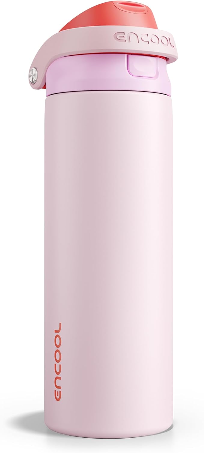 ENCOOL Leakproof Insulated Water Bottle with Straw Dual-Sip Water Bottle Bag-Safe Design for Work, Commute & Gym – Keeps Drinks Cold All Day, 24 oz, Lychee Pink ENCOOL