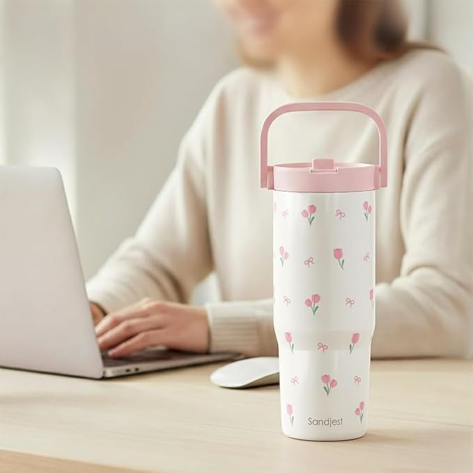 SANDJEST Tulip Stainless Steel Straw Lid Tumbler 30oz with Carry Handle for Women Girls, Insulated Travel Coffee Cup, Gift for Sports Workout Christmas Birthday - Bloomnest