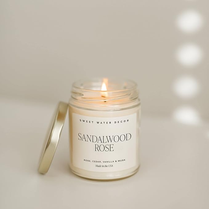 Sweet Water Decor Sandalwood Rose Candle - Green, Leafy, Winey, Rose and Guaiac Wood Scented Soy Floral Candles for Home - 9oz Clear Jar + Gold Lid, 40+ Hour Burn Time, Made in The USA - Bloomnest
