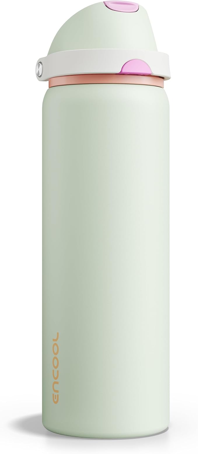 Insulated Water Bottle with Straw - Encool Stainless Steel Water Bottle with Push Button Lid, Leak-Proof & BPA-Free, Keeps Cold for 24 Hours for Sports, Travel, Gym (32 oz, Geyser Green) ENCOOL