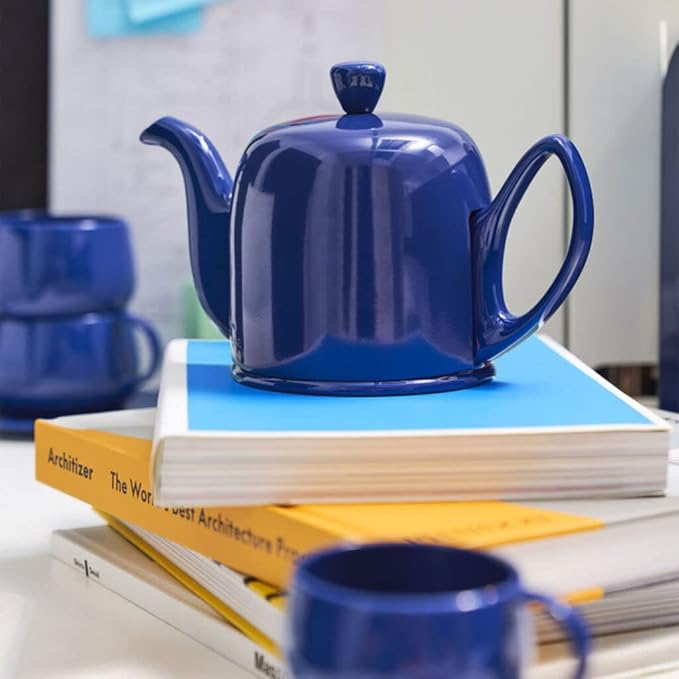 Degrenne Salam Luxury French Tea Pot - Porcelain Teapot with Stainless Steel Cover, Ceramic Tea Kettle for Loose Tea, Removable Infuser, 6 Cup Capacity, 36oz - Monochrome Blue - Bloomnest