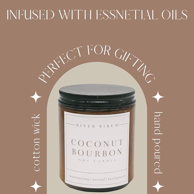 River Birch Candles Coconut Bourbon Scented Candle | Premium, All-Natural, Non-Toxic, Soy Amber Jar Candles | 8.5oz 40 Hr Burn Time | Cozy Relaxing Gifts for Home - Bloomnest