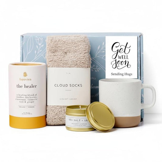 Unboxme Comforting Care Package for Women - Organic Self-Care Get Well Soon Gift Basket with Fluffy Socks, Lemon Ginger Tea Set, Sea Salt, Scented Candle - Ideal Post-Surgery & Feel Better Basket