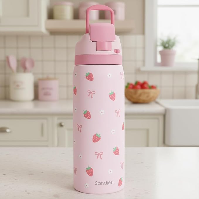 Strawberry Bow Insulated Stainless Steel Water Bottle with Straw for Sports and Travel, 32oz, Gifts for Women Girls Friends Teens Birthday Christmas - Bloomnest