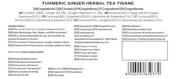 VAHDAM, Turmeric Ginger Herbal Tea (50+ Cups, 3.53oz) Caffeine Free | 100% Pure Herbal Blend - Savory & Spicy | Vacuum Sealed | Direct from Source - Bloomnest