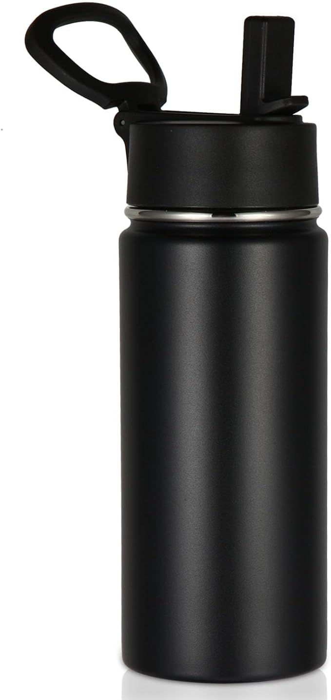 Volhoply Kids Insulated Water Bottle with Straw,16oz Stainless Steel Cold Water Bottles for School,BPA-Free Metal Wide Mouth Cups with Handle Lid,Reusable Double Wall Vacuum Sport Flask(Black,1) - Bloomnest