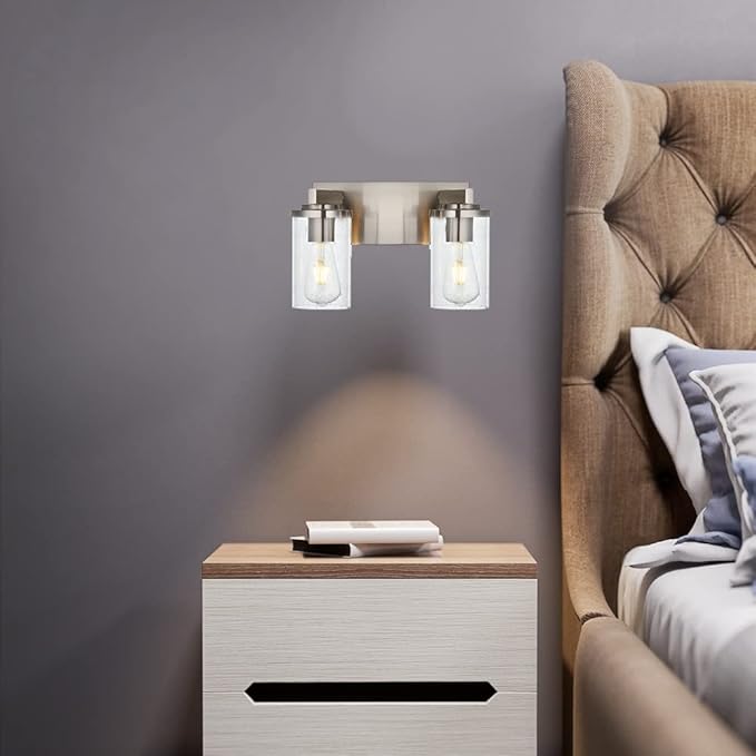 BONLICHT 2-Light Brushed Nickel Wall Sconce Lighting with Clear Glass Shade, Industrial Indoor Bathroom Lights Over Mirror, Modern Vanity Light Fixtures for Porch Entryway Stair - Bloomnest