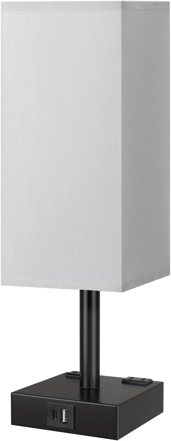 Touch Bedside Table Lamp For Nightstand - 3-Way Dimmable Night Lamp with USB A + Type C Charging Ports and two AC Outlets, Small Desk Light with E26 LED Bulb for Bedroom Living Room Office, Grey Black - Bloomnest